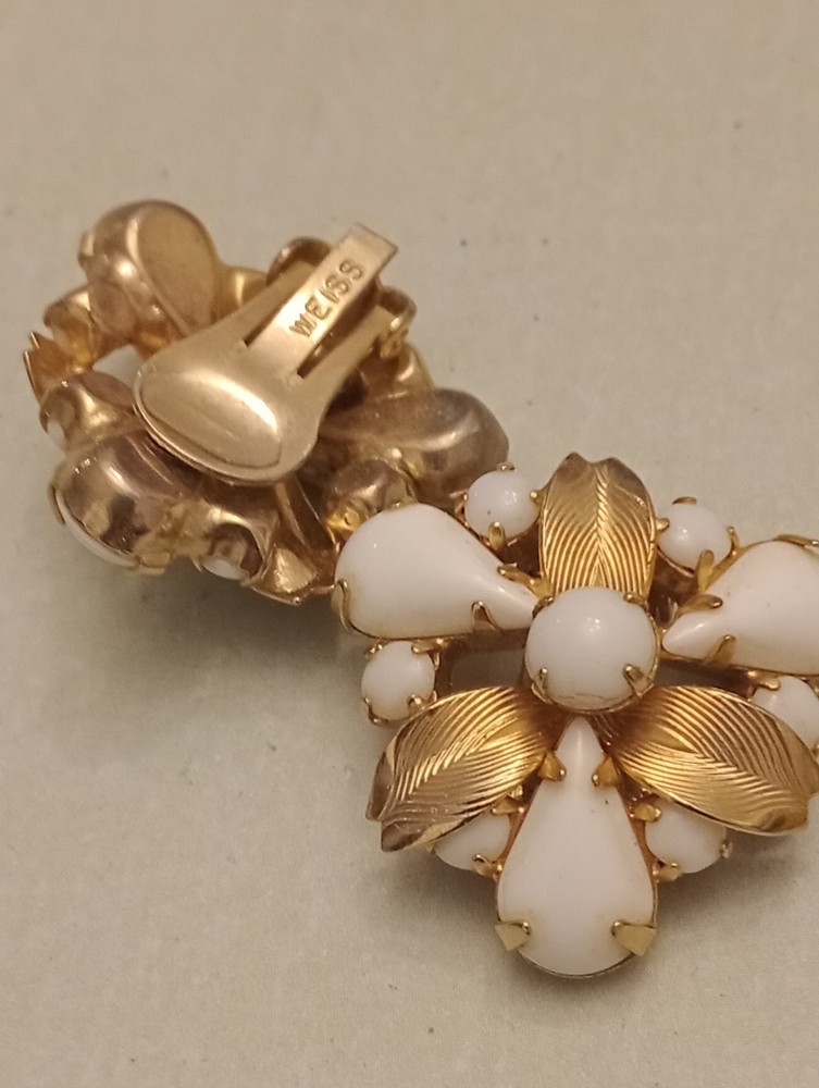 Earrings Signed Weiss Milk Glass Clip On Vintage