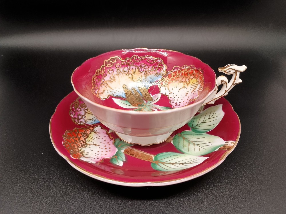 Vtg Trimont China Hand Painted Made in Occupied Japan Tea Cup and Saucer Dk Red