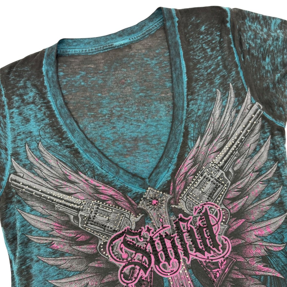 Sinful by Affliction Revolver Angel Wings Shirt Womens Large Y2K Vintage USA