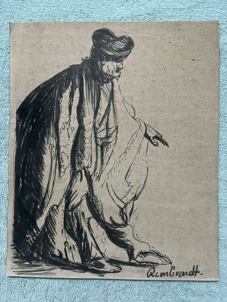 REMBRANDT drawing and painting on old paper signed stamped vintage