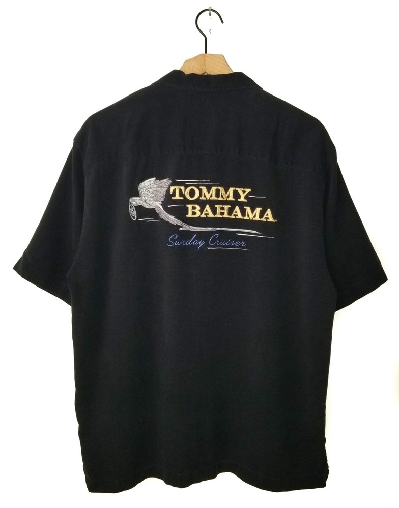 Tommy Bahama Silk Camp Shirt BLACK Sunday Cruiser Embroidered Button Up Mens LG