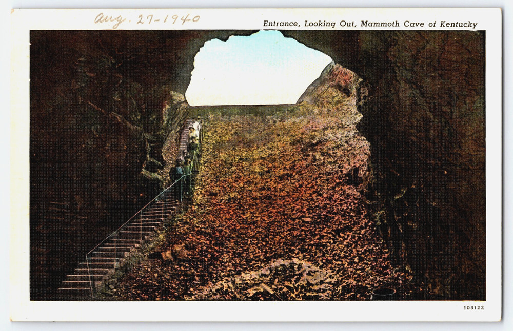 Mammoth Cave Of Kentucky Historic Entrance Steps People Vintage Postcard 1940