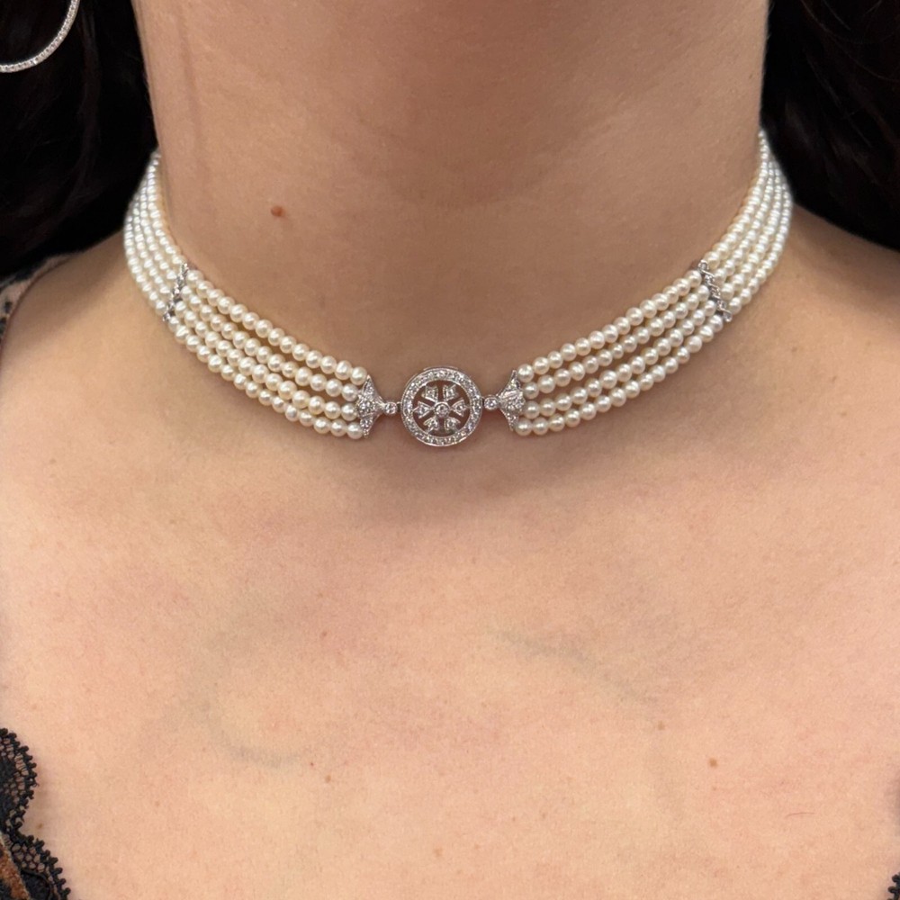 18k White Gold Multi-Strand Pearl and Diamond Choker Necklace