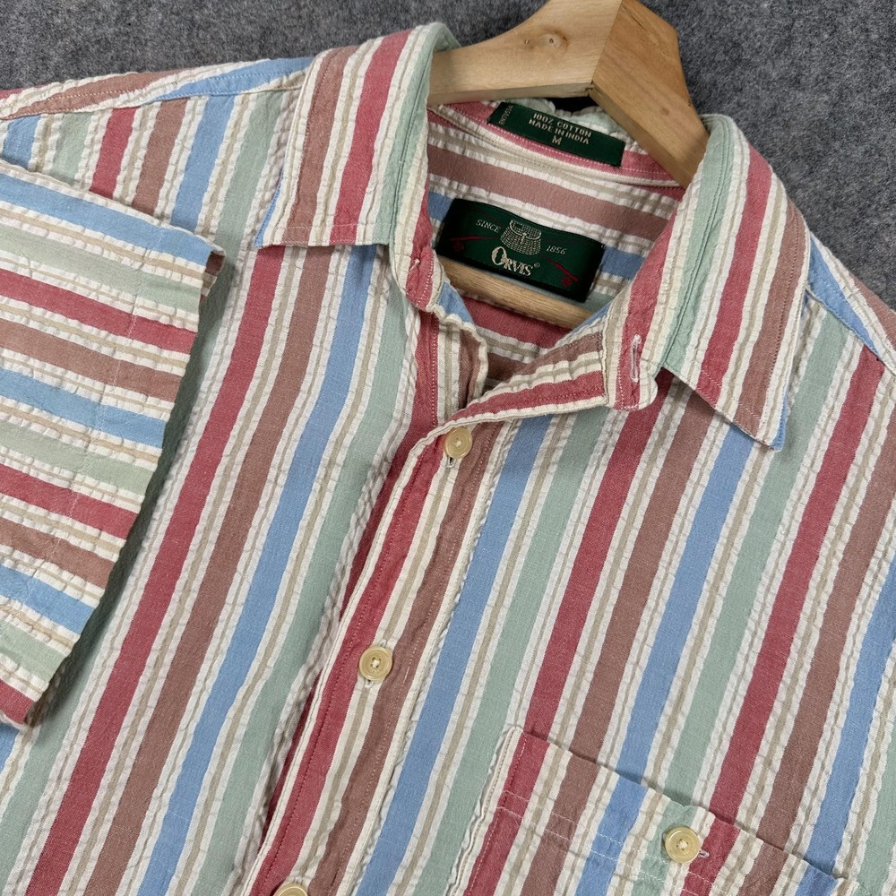 Orvis Shirt Mens Medium Multicolor Striped 100% Cotton Short Sleeve Button Up