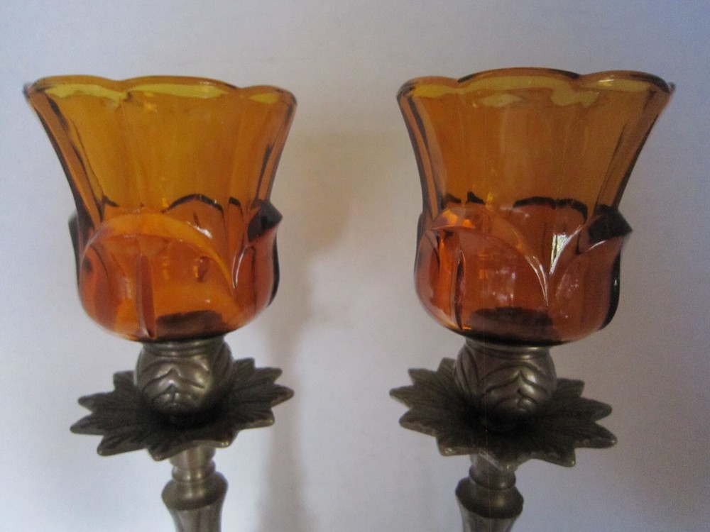 Homco Home Interiors Amber Gold Tulip Votive Cup Peg Holders Set 2 Sconce