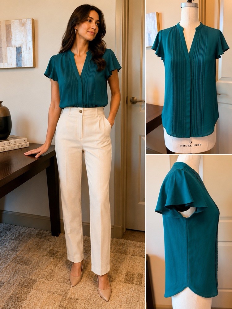 H&M Teal Solid Pleated V-Neck Flutter Short Sleeve Pullover Blouse Size 4