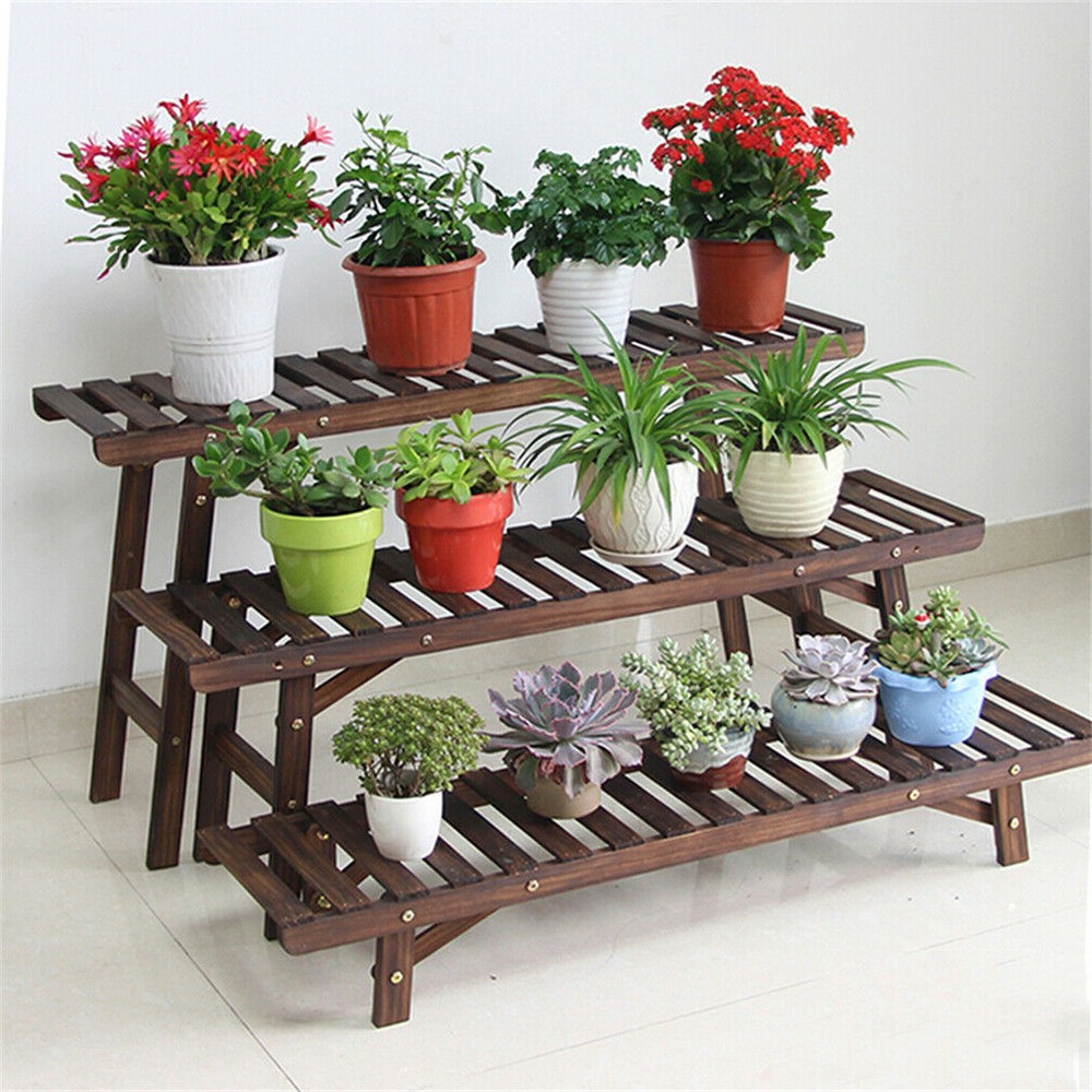 Carbonized 3-Tier Ladder Flower Shelf Solid Wood Plant Stand Rack Indoor Outdoor