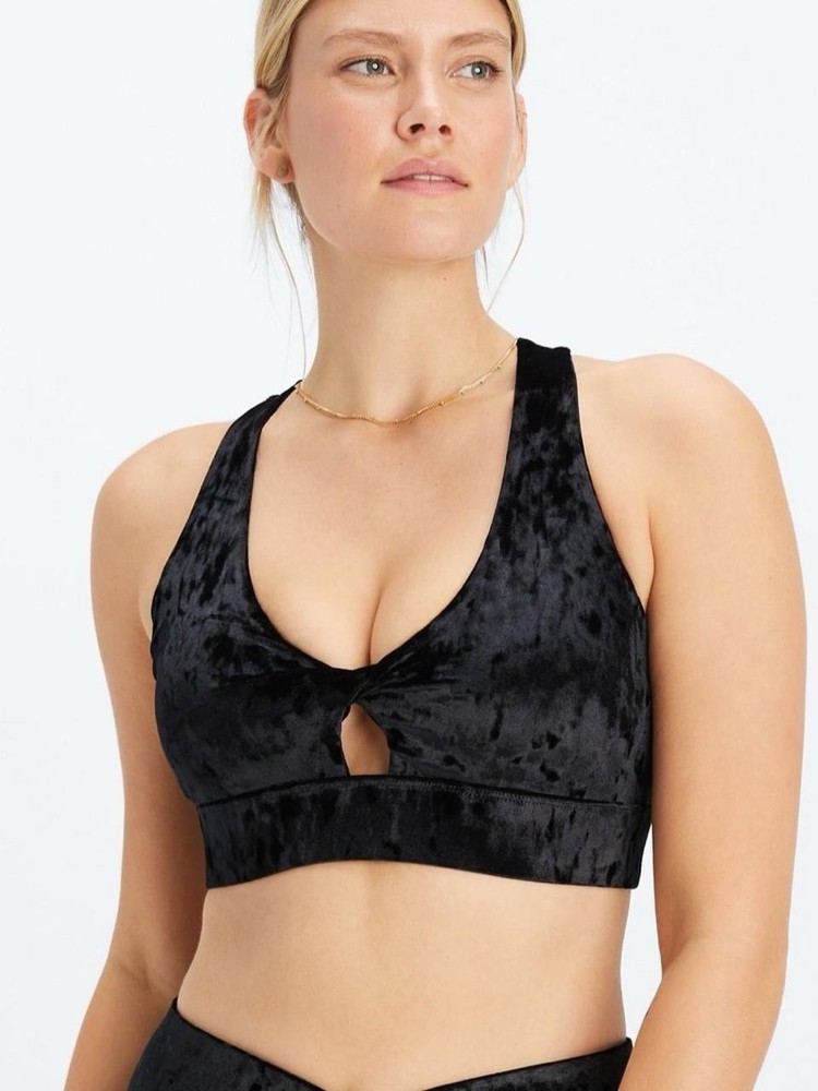 Fabletics Oasis Crushed Velour Twist Sports Bra Black