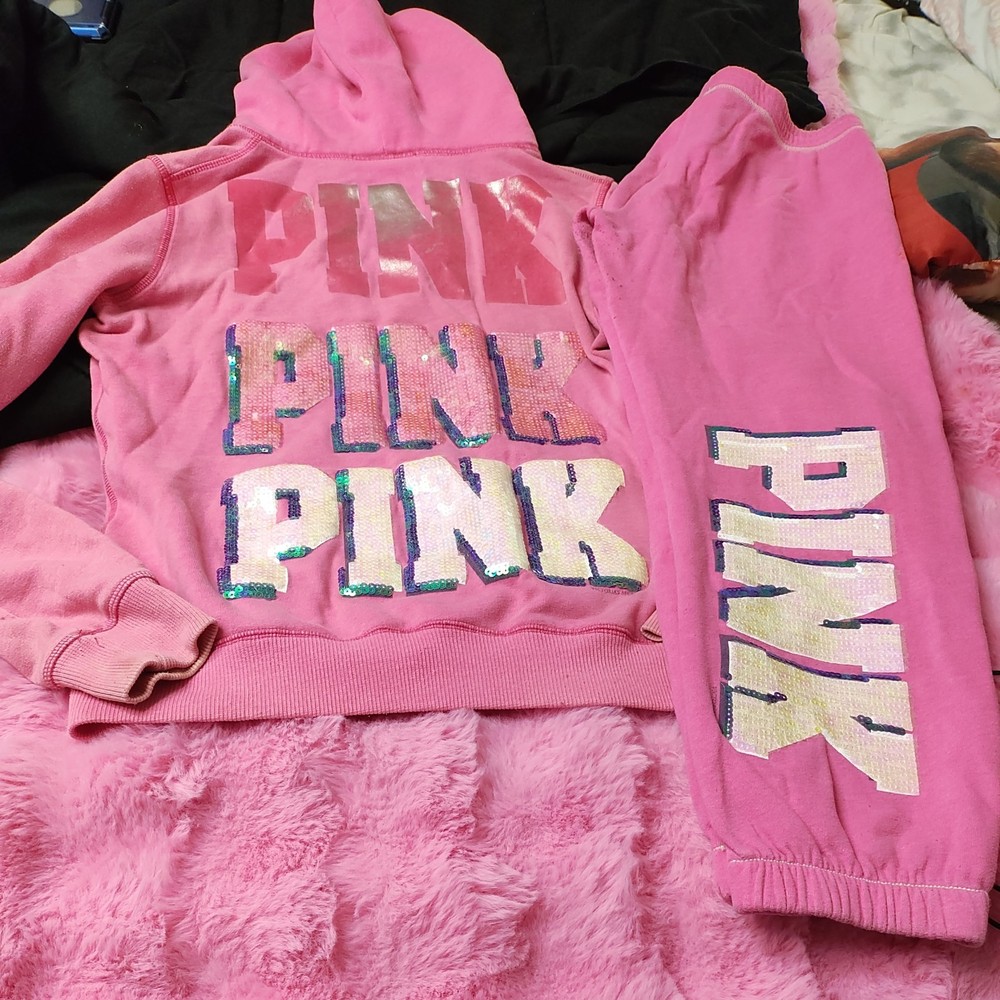 PINK Victoria's Secret set Full Zip Sequin Hoodie  Fleece M pants SM