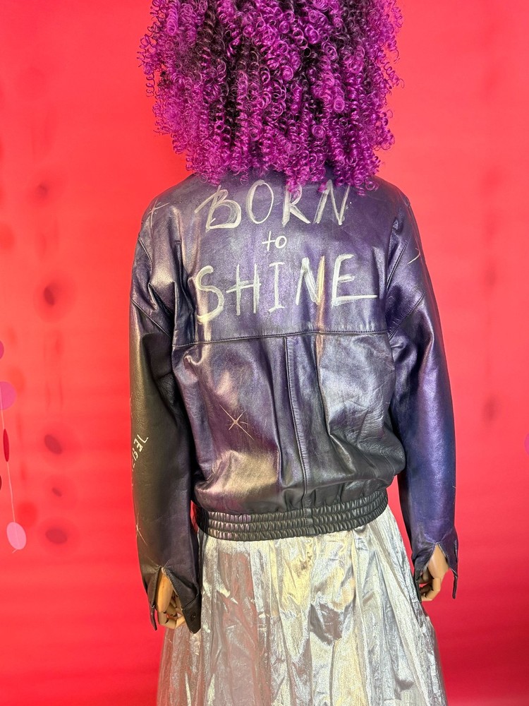 Upcycled Vintage Leather Bomber Jacket with Hand-Painted Stars & Affirmations