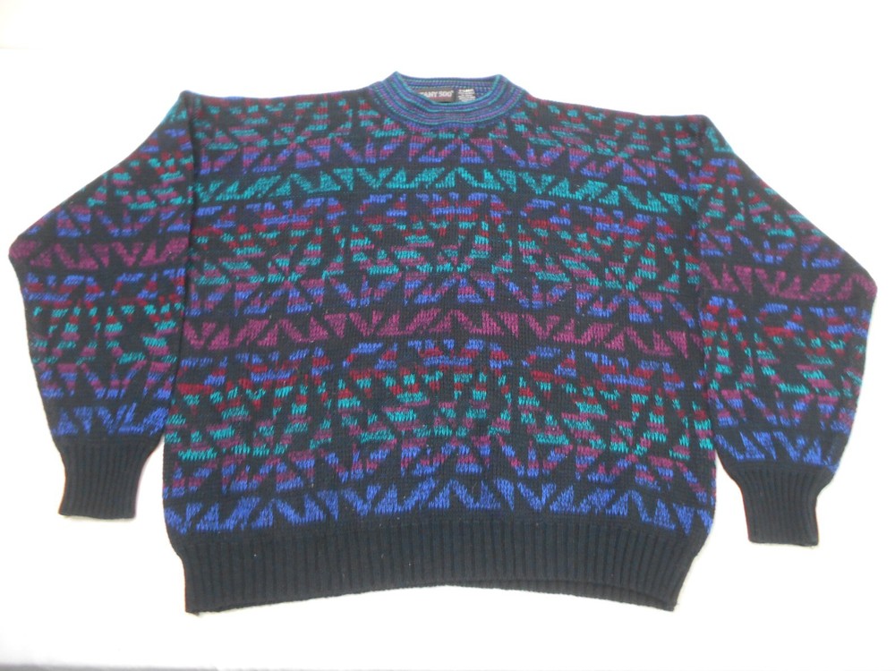 Vintage 90s Botany 500 XL Black Blue Knit Sweater Pullover Geometric Abstract