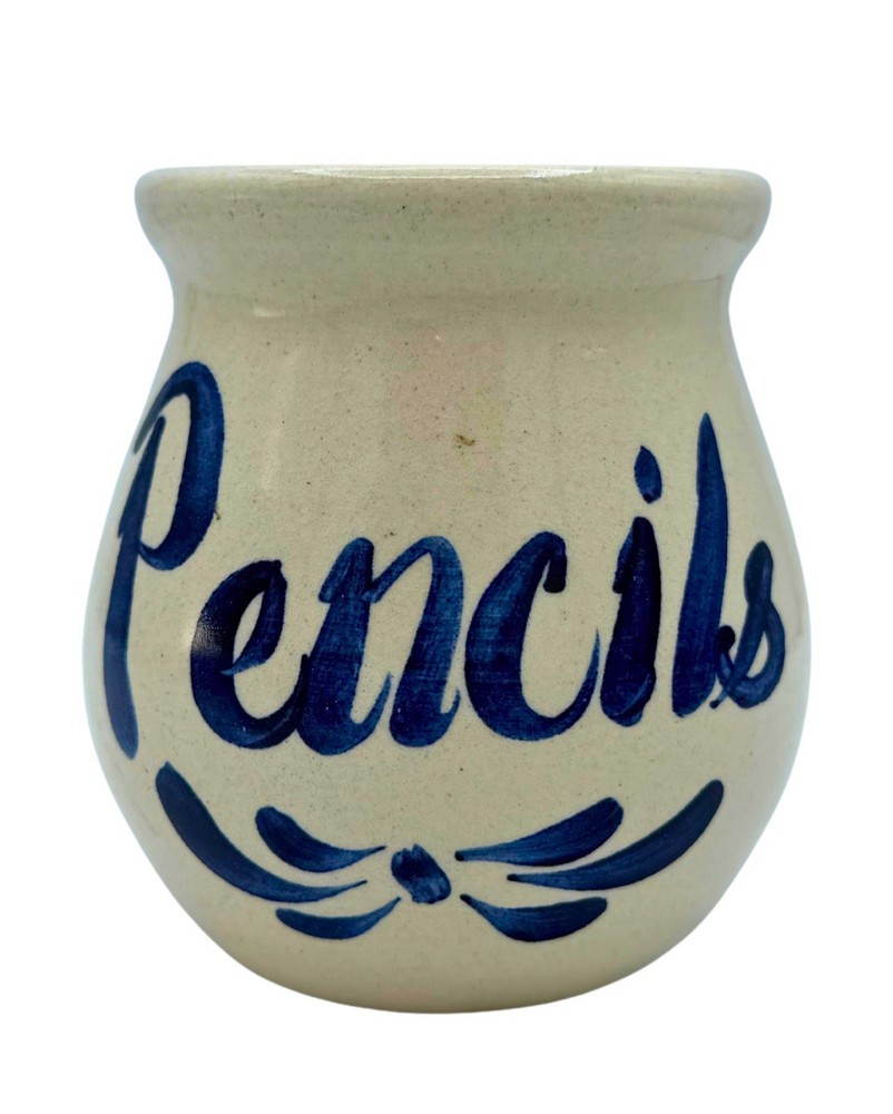 Casey Pottery Marshall TX Stoneware Pencil Holder Crock Blue White “Pencils”