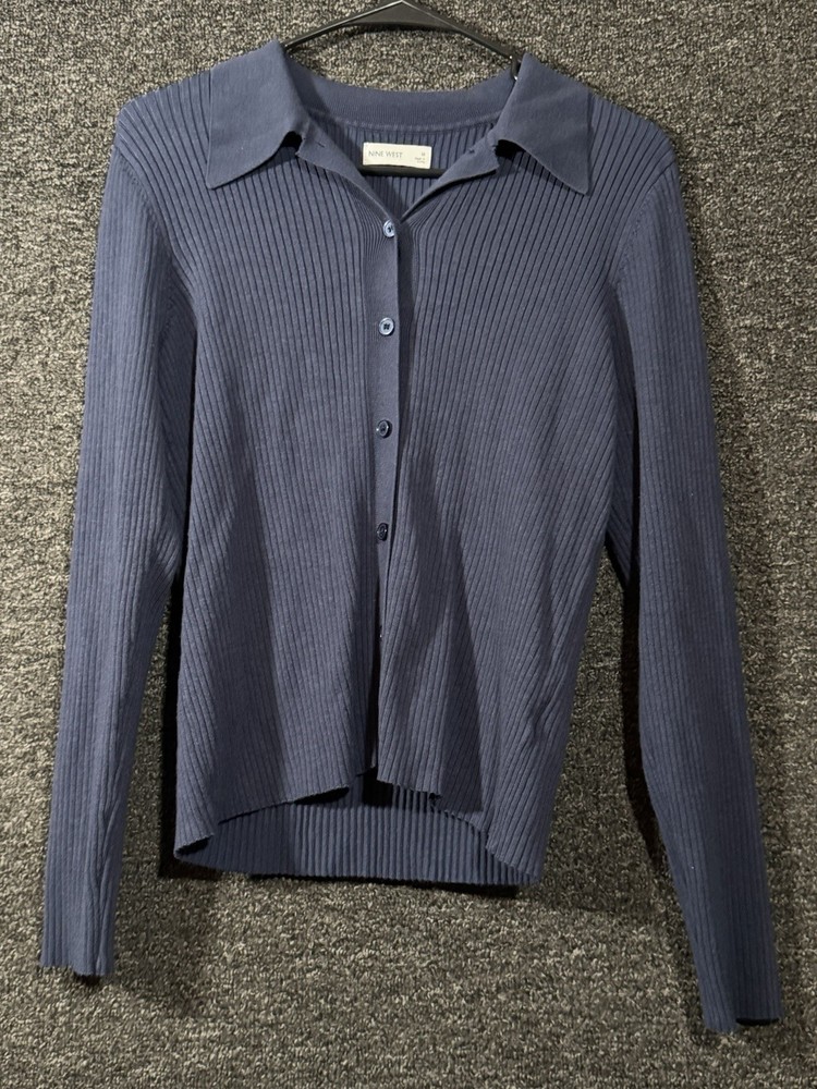 Nine West Womens Ribbed Knit Cardigan Blue Long Sleeve Button Front Size M