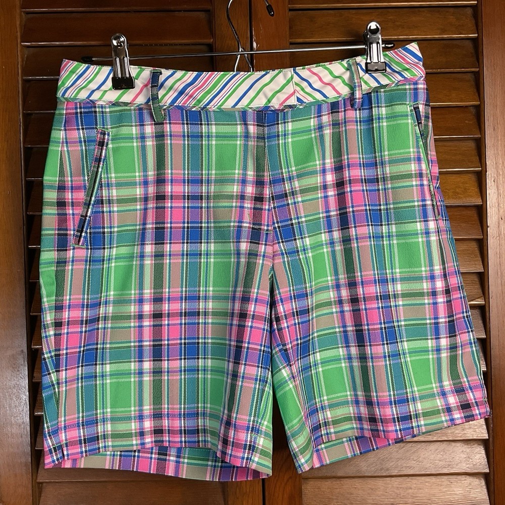 Lady Hagen Golf Shorts Green Pink Plaid Size 6 Stretch HydroDri 6.5