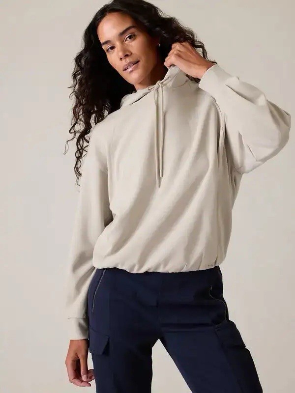 Athleta Women’s Seasoft Bubble Hem Hoodie Size Small Abalone Taupe Workout Gym