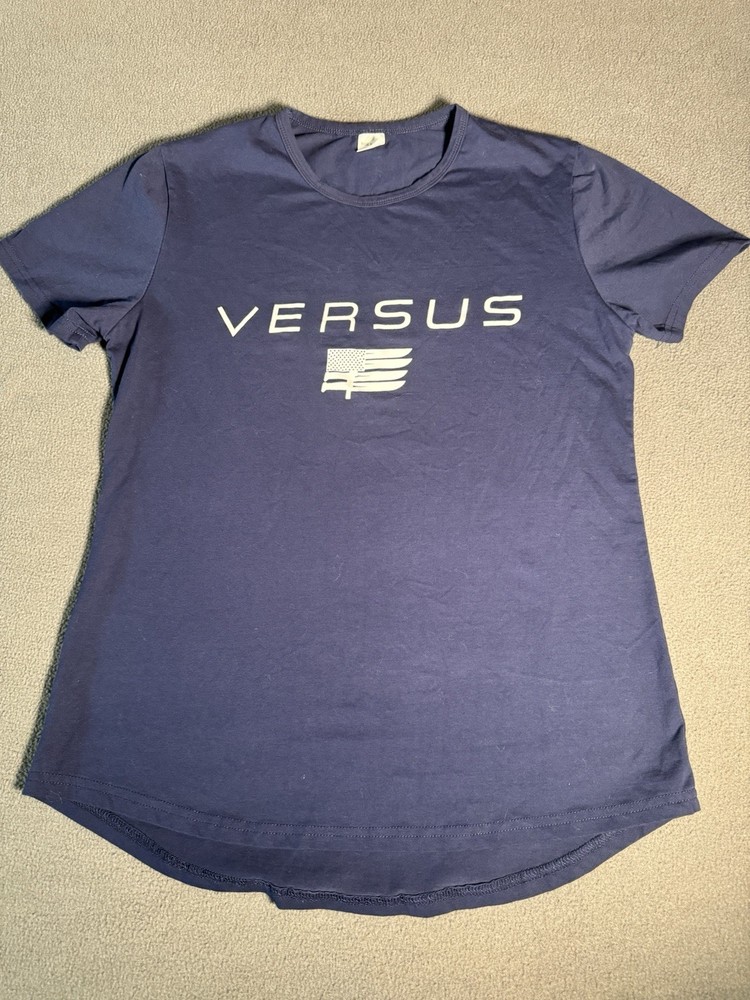 VERSUS womens L Navy Blue Graphic Logo Tee Short Sleeve Crew Neck Cotton