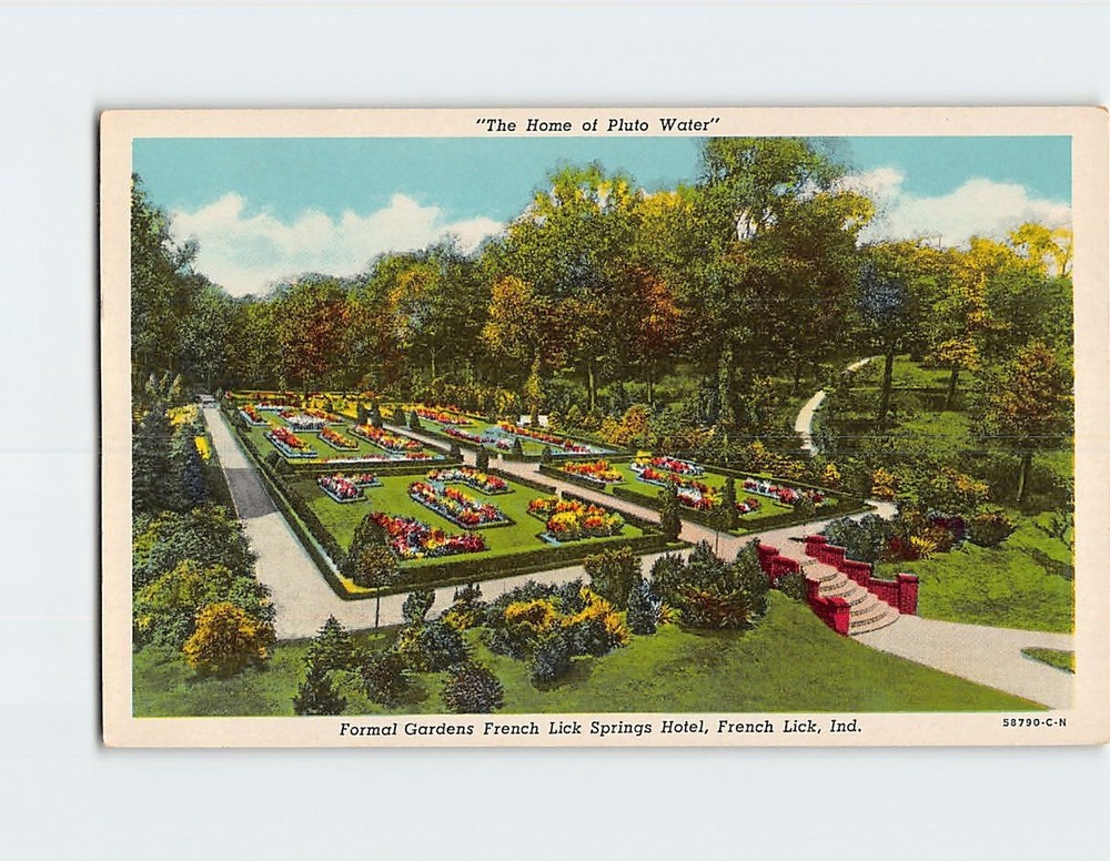 Postcard Home of Pluto Water Formal Gardens French Lick Springs Hotel Indiana