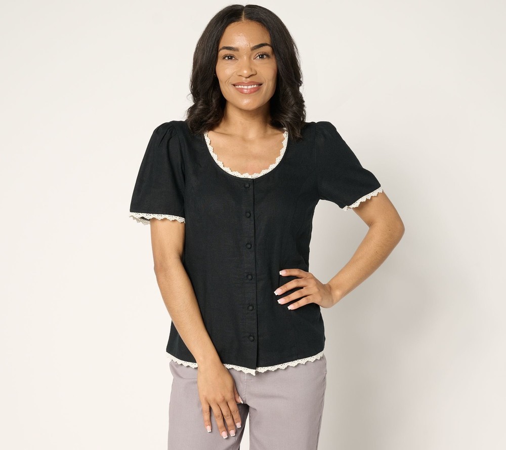 Me by Jennie Garth Women's Top Sz S Lizzy Lou Linen Blouse Black A689179