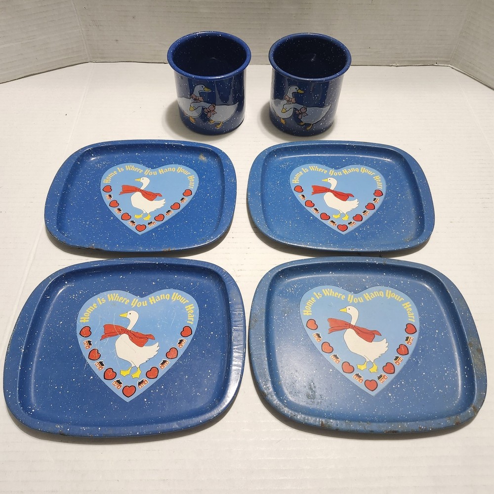 Vintage HTF Tres Enamelware Blue Speckled Coffee Mugs & Serving Trays Geese MCM
