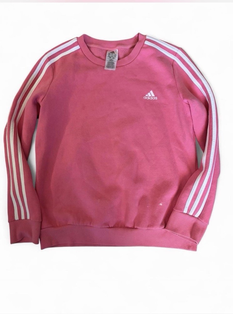 adidas Pink Crew Neck Sweatshirt White Stripes Women's Size L Fleece