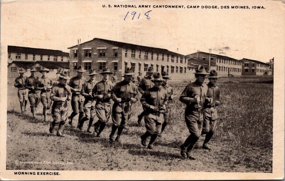 1918 Camp Dodge Des Moines Iowa WWI Soldiers Morning Exercise Postcard