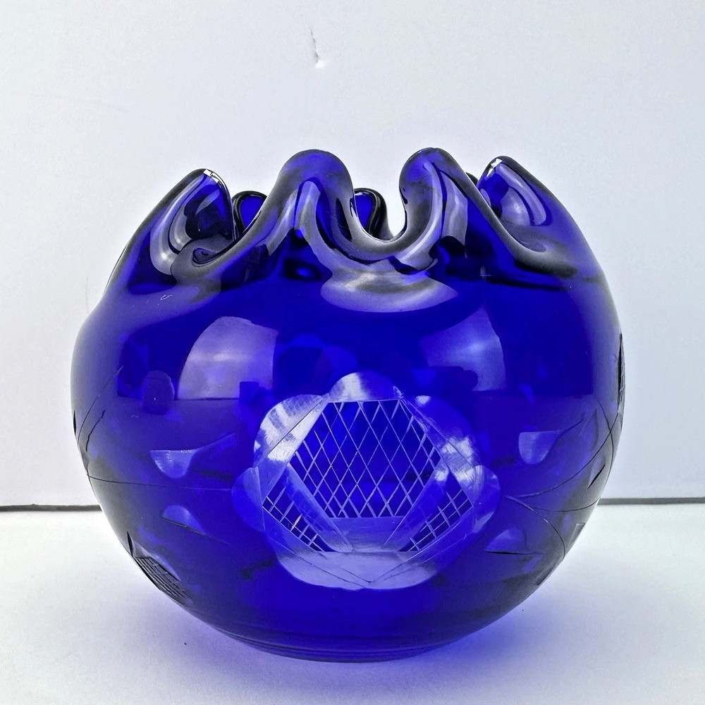 Cobalt Blue Rose Bowl Dish Cut to Clear Crystal Ruffle Pinched Vase