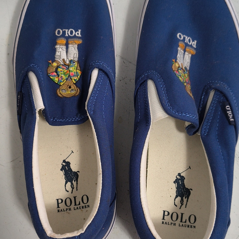 Polo Ralph Lauren Blue White Canvas Bear Embroidered Slip-On Casual Shoes Men's