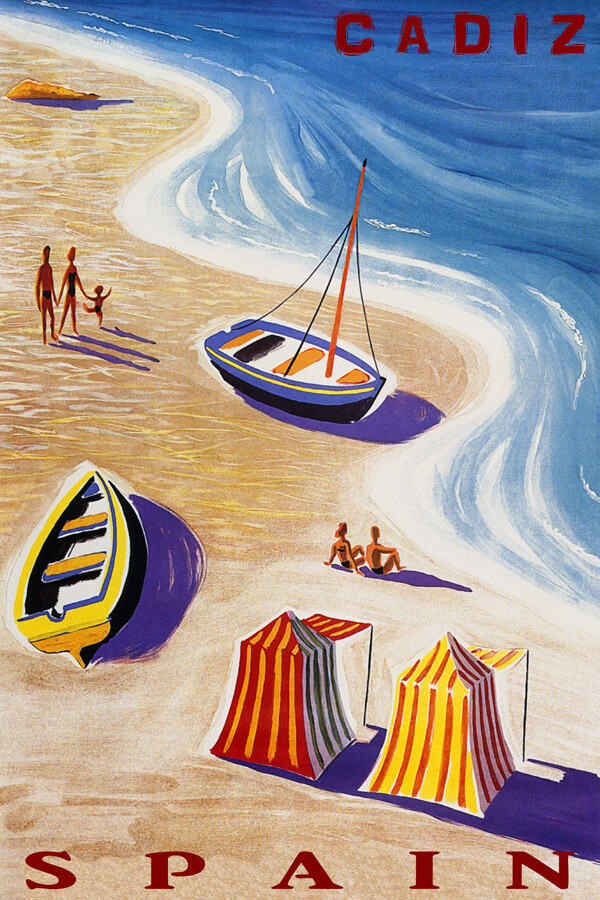 Cadiz Spain Beach Family Fun Boat Summer Travel Vintage Poster Repro FREE S/H