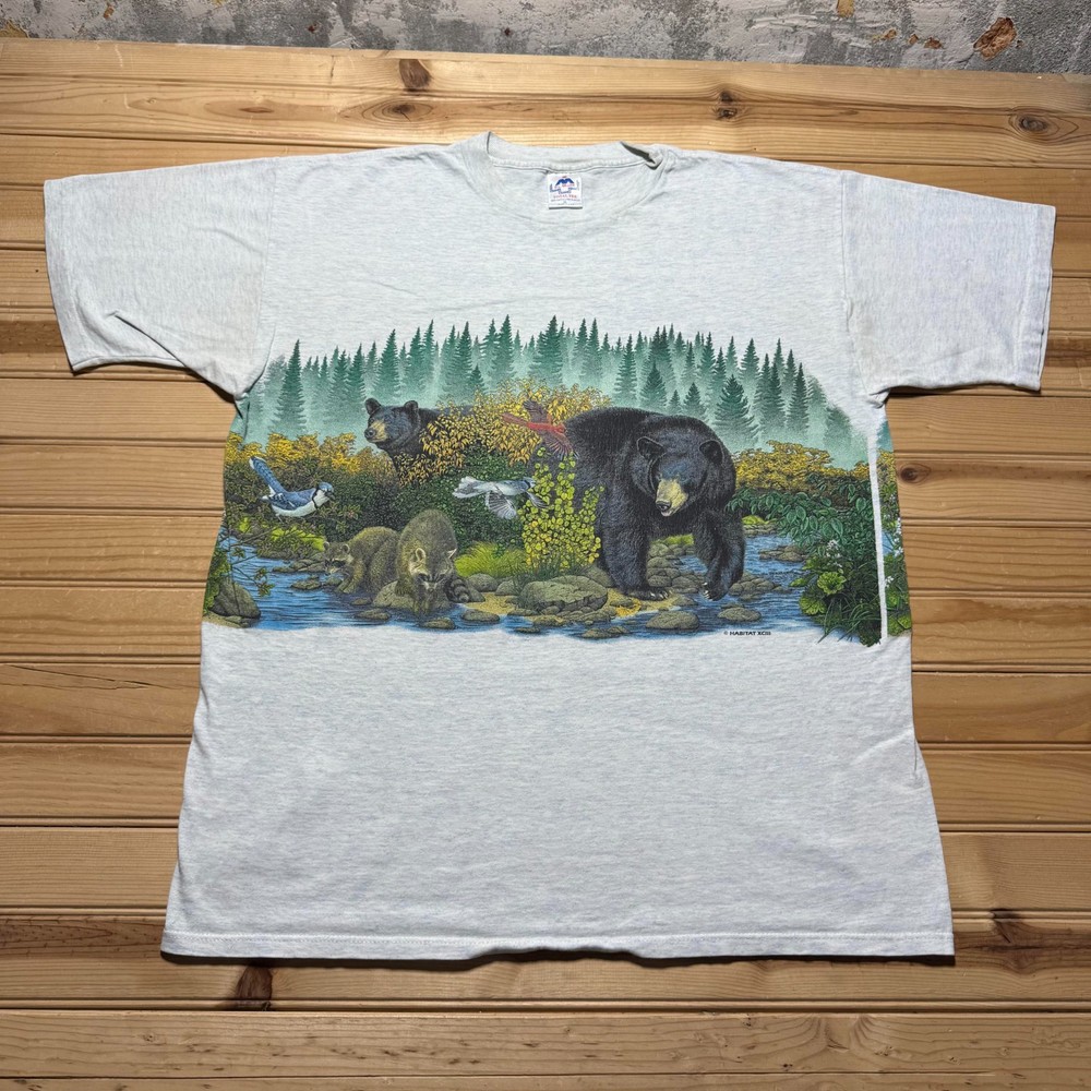 Vintage 1993 Habitat Wildlife Black Bear River Scene Double Sided T-Shirt USA XL