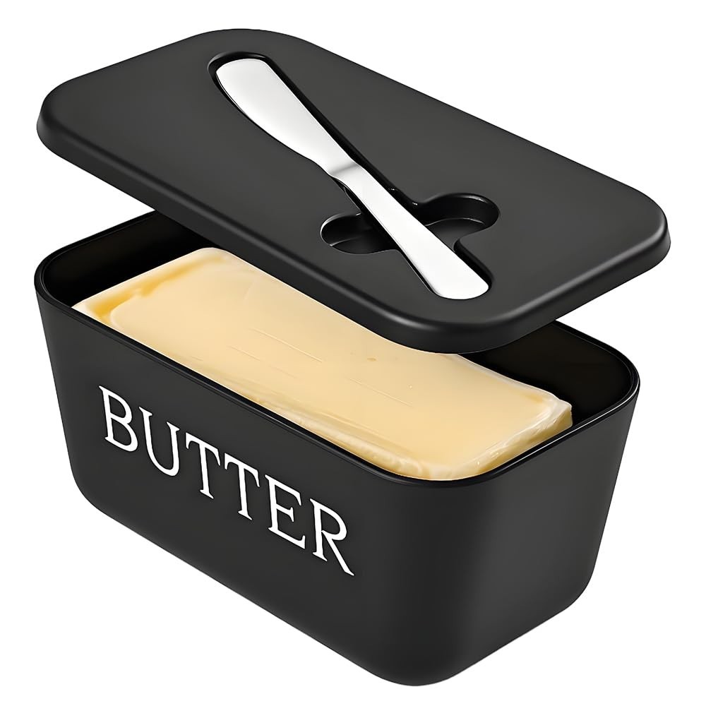 Airtight Butter Holder with Built-in Knif – Black Butter Keeper for Kitchen