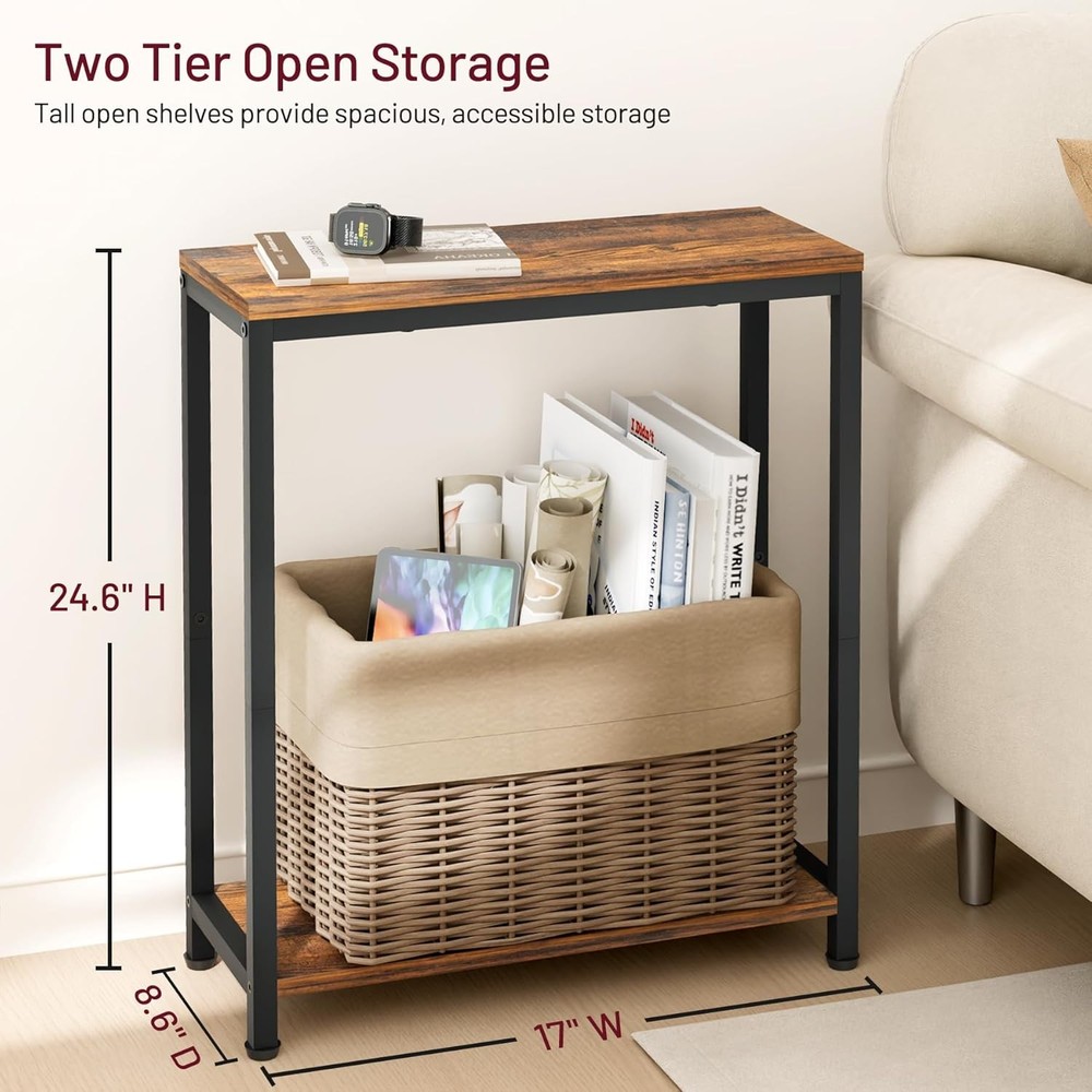 2 Tier Narrow Small Side Skinny End Table Rustic Brown and Classic Black