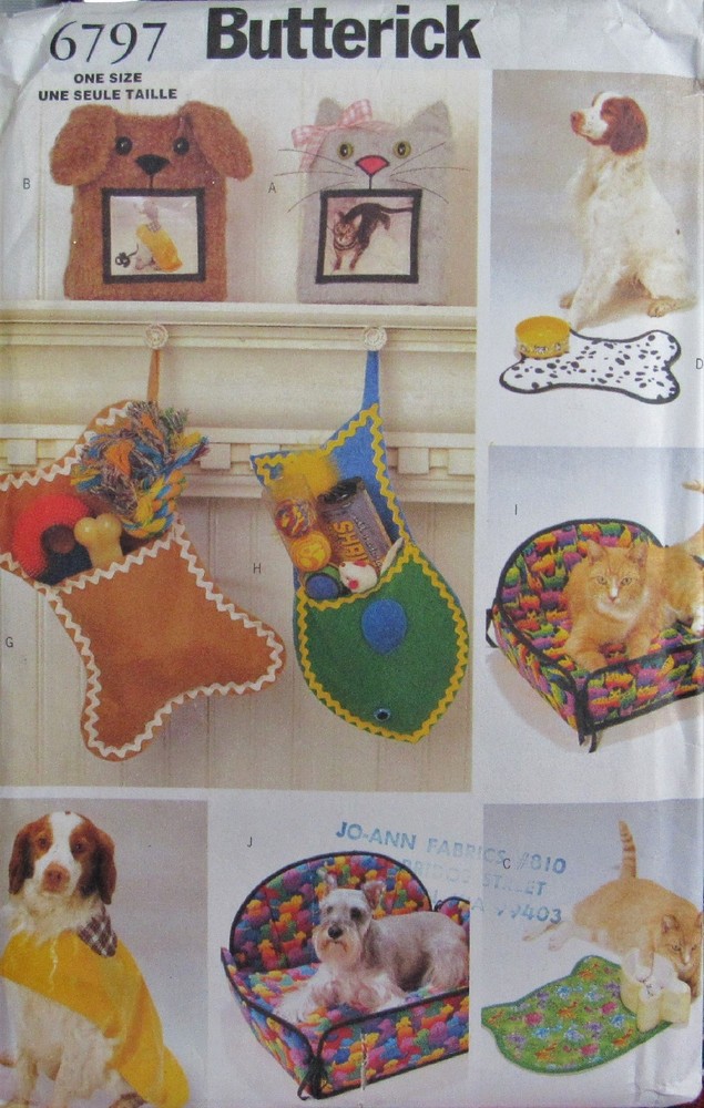 Butterick 6797 PET ACCESSORIES Dog Cat Mat Bed Pillow Frame Raincoat Pattern UC