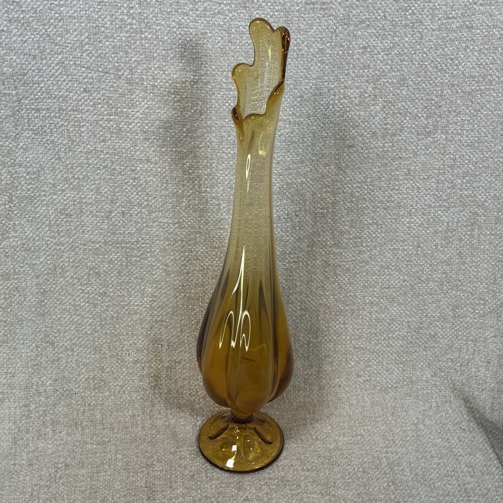 Vintage Amber Art Glass Bud Vase 15.25” Tall Stretch Swung Style Hand Blown