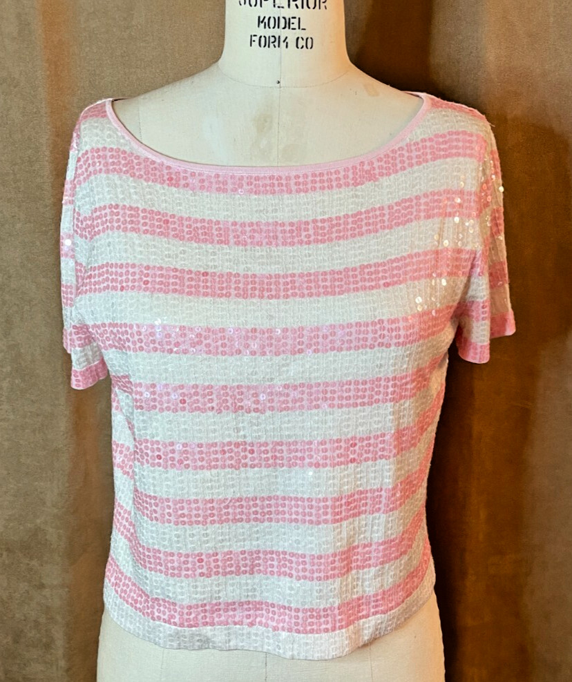 Large Ellen Tracy sequin silk Women pink white stripe pull over top sweater L