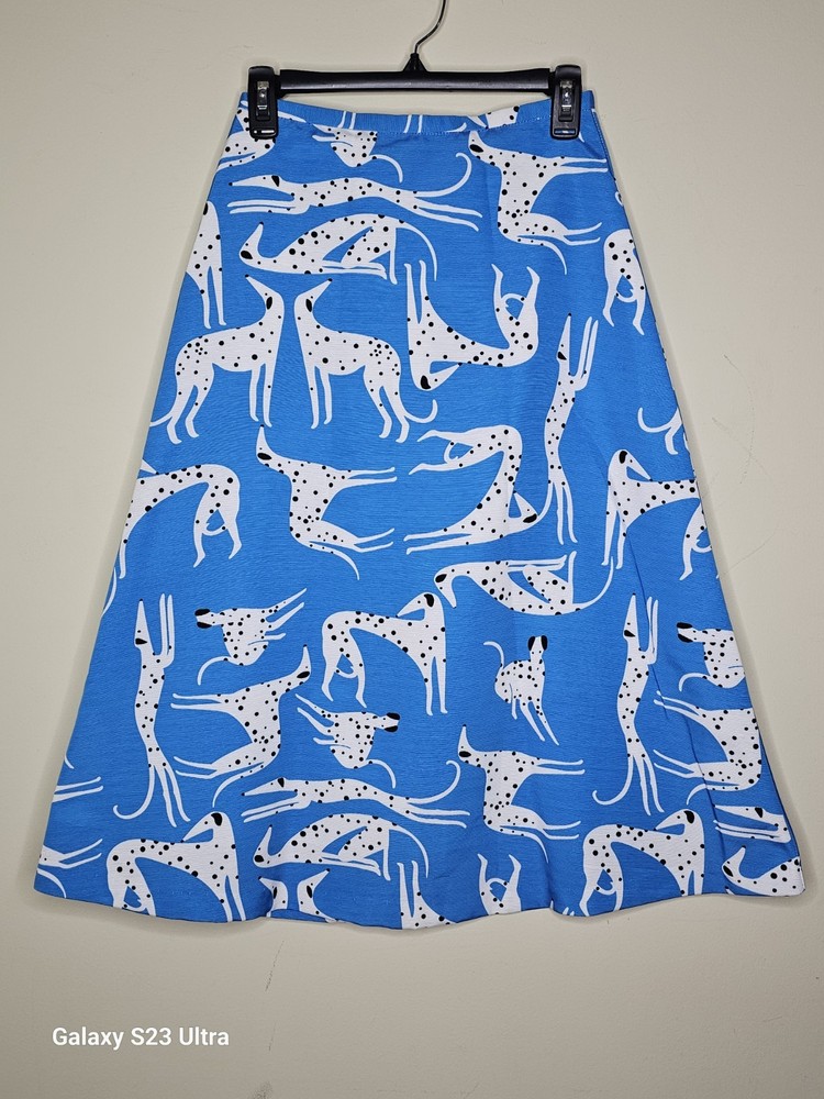Boutique Debon Blue White Animal Print Ribbed Zip Midi A-Line Skirt S Women