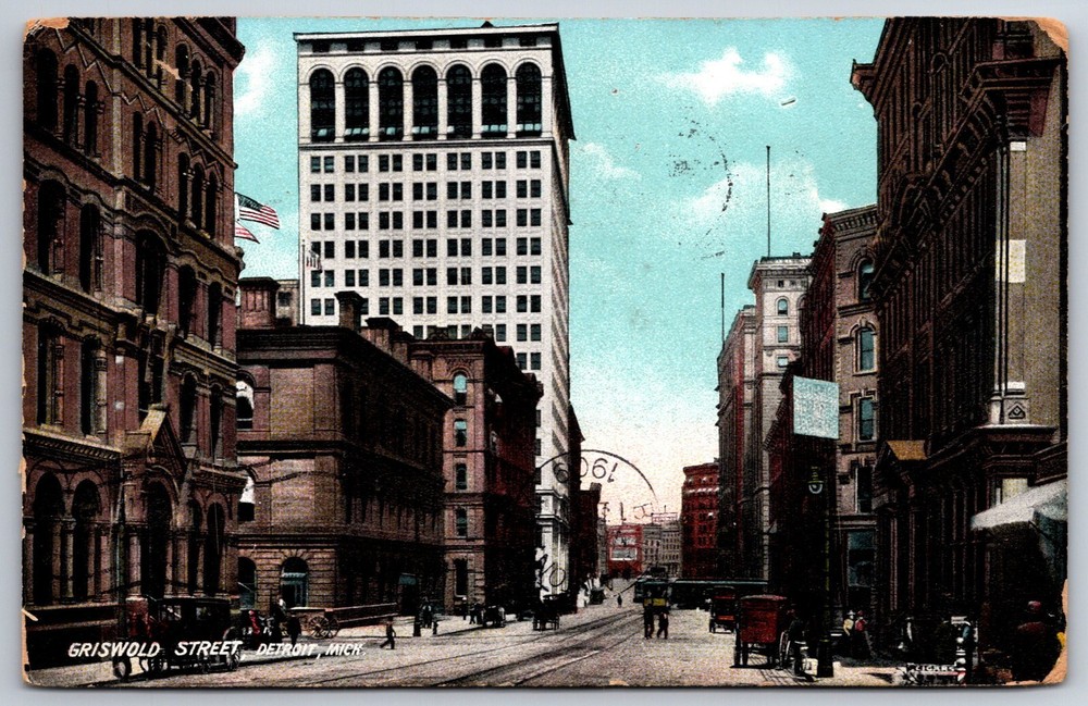 Detroit Michigan~Griswold Street & Trolley Tracks~Vintage Postcard