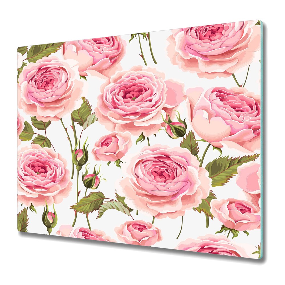 Glass Kitchen Chopping Board Worktop Saver English roses green and pink 60x52