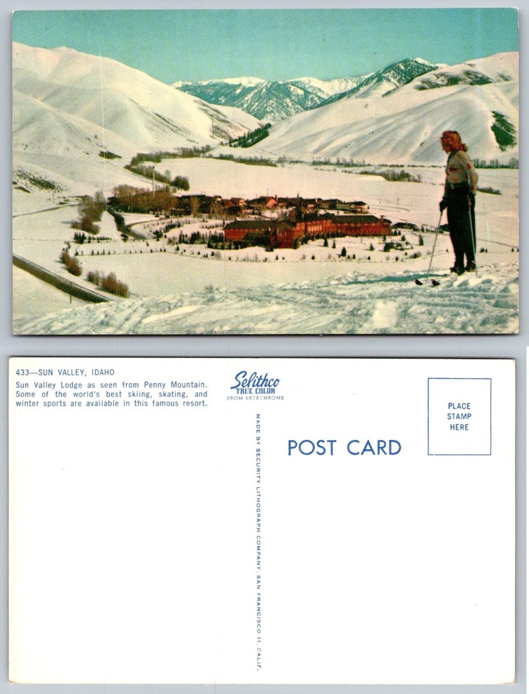 Sun Valley Idaho Ski Resort Lodge Penny Mountain Skier Vintage Postcard Selithco