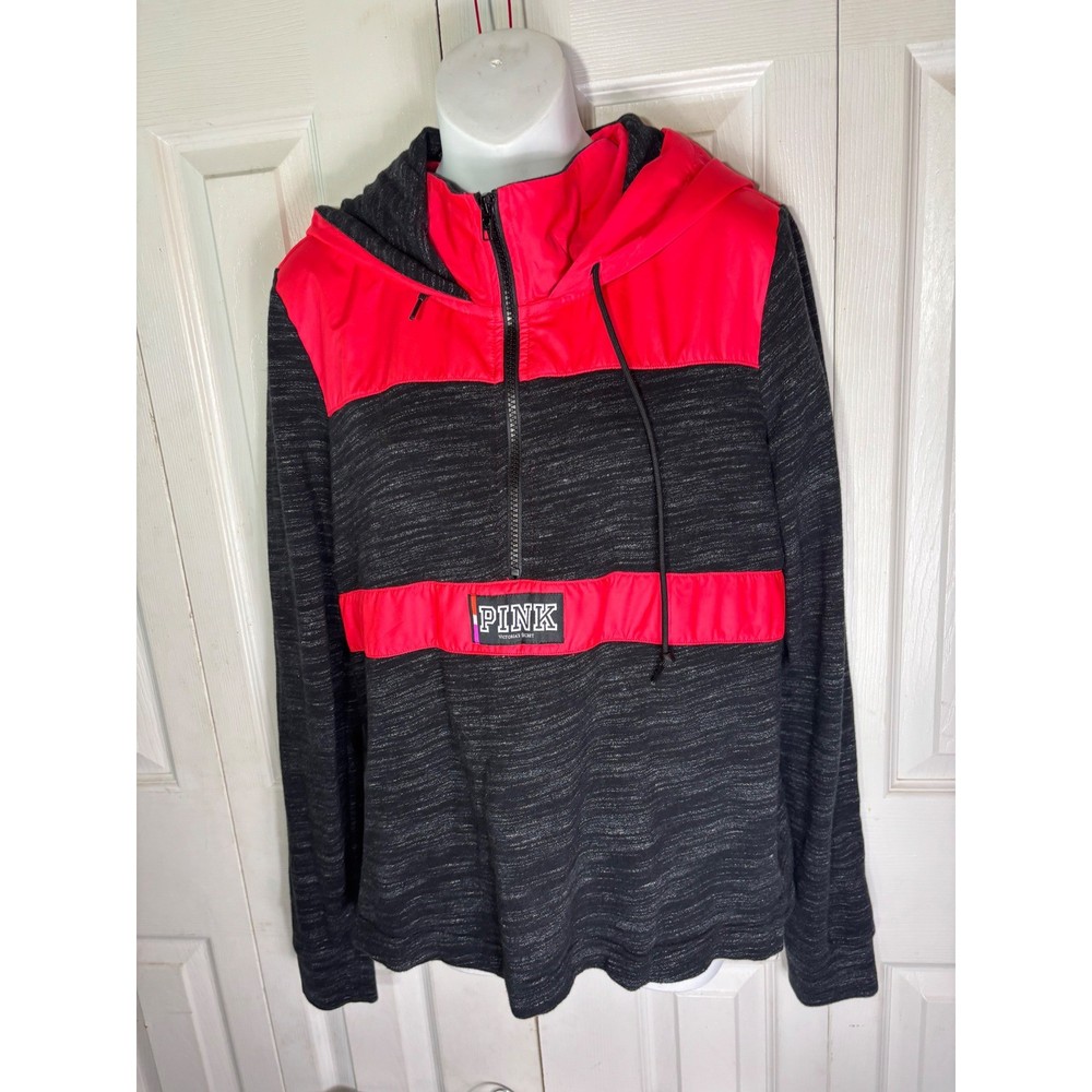 PINK Victoria's Secret Hoodie Pullover Bright Red Gray Color Block Top size L