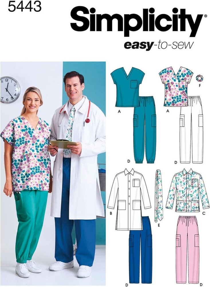 Simplicity 5443 Unisex Scrubs Set with Lab Coat Pants Tops in S M L Sizes