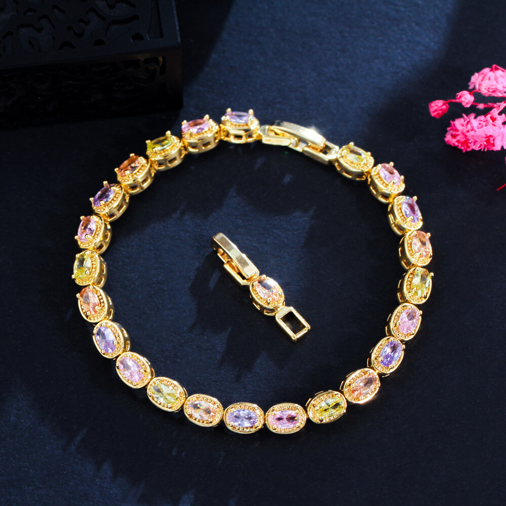 Multicolor Rainbow CZ Oval Tennis Chain Bracelets for Women Gold Fashion Jewelry