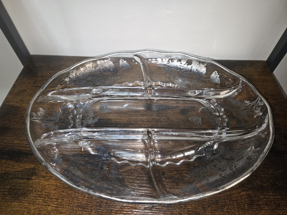 Silver City Glass Divided 5 Compartment Relish Tray Dish Silver Overlay