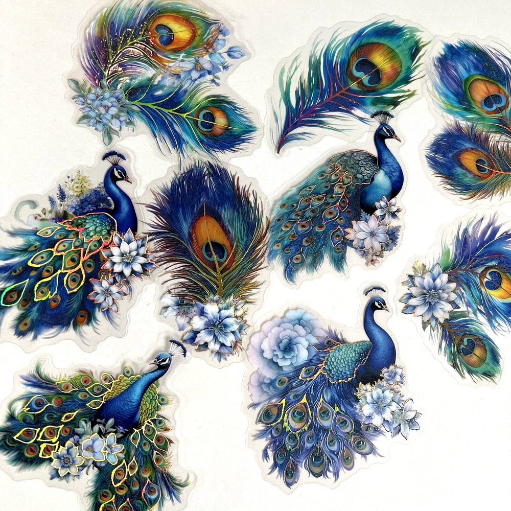 Blue Peacock Stickers  Holographic Foil Scrapbooking Collage Journals Cardmaking