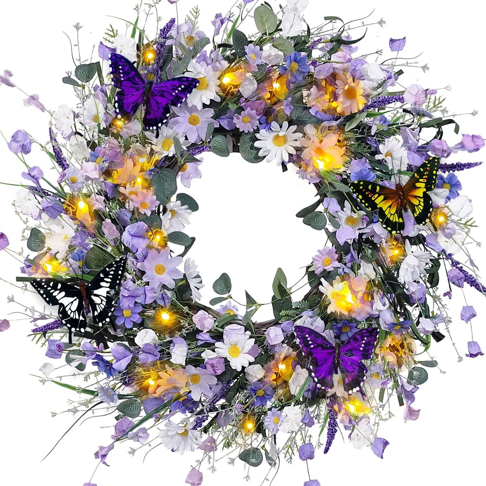 24 Inch Spring Summer Wreath for Front Door with Daisy Lavender Flowers