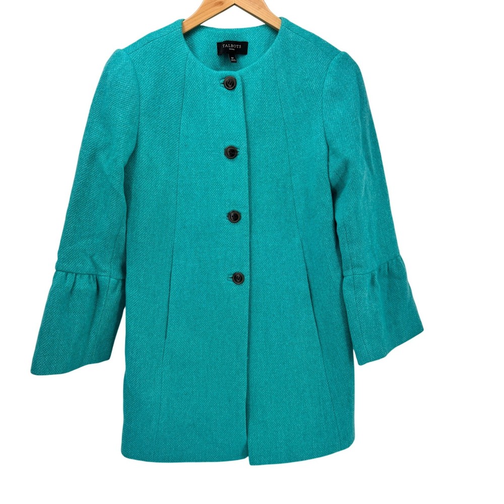 Talbots Jacket Womens Petite 6 6P Blue Coastal Tweed 3/4 Sleeve Wool Blend