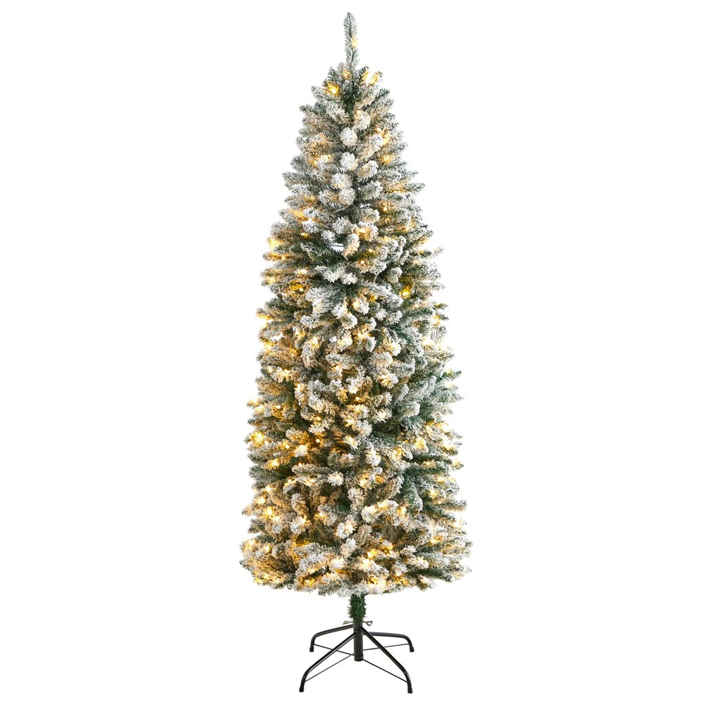 6 Foot Slim Flocked Artificial Christmas Tree with 250 Pre-Lit Green Lights