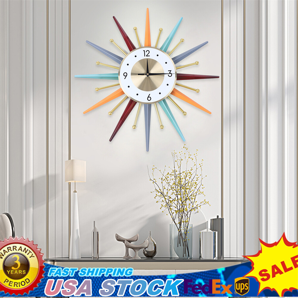 56CM Vintage Sunburst Wall Clock Colorful 3D Hollow Metal Large Wall Clock Decor