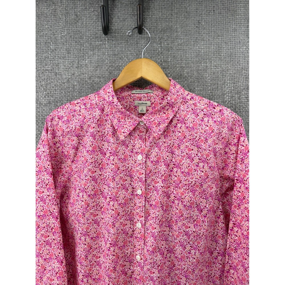 L.L.Bean Button Down Shirt Womens L Pet Pink Excellent Floral Wrinkle Resist