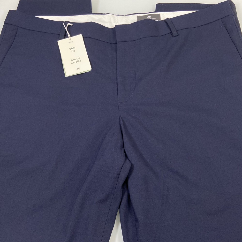 H&M Men Navy Blue Slim Fit Dress Pants Size 42R Flat Front Chino New
