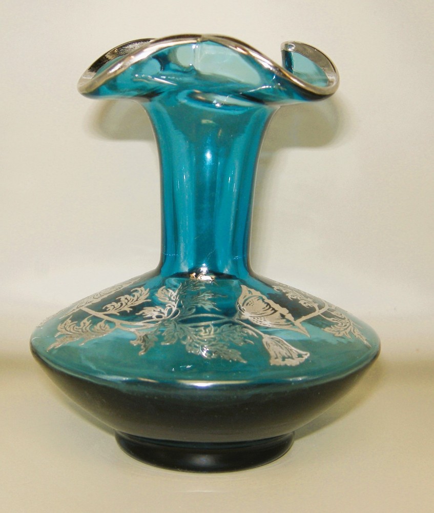 VTG Viking Glass Bluenique Flanders Poppy Silver Floral Overlay Teal Bud Vase